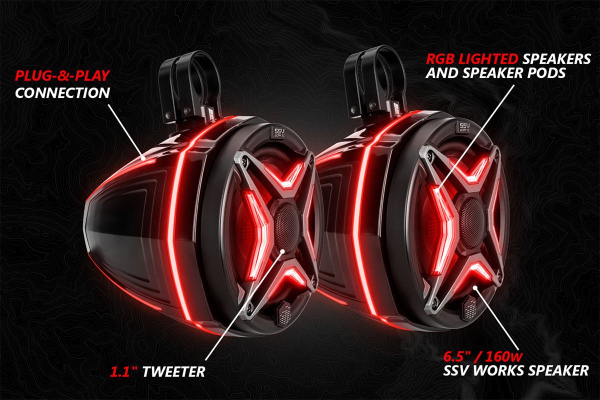 SSV Works V-Spec 5-Speaker Plug-&-Play Kit with Kenwood MR300BT for 2014-2023 Polaris RZR