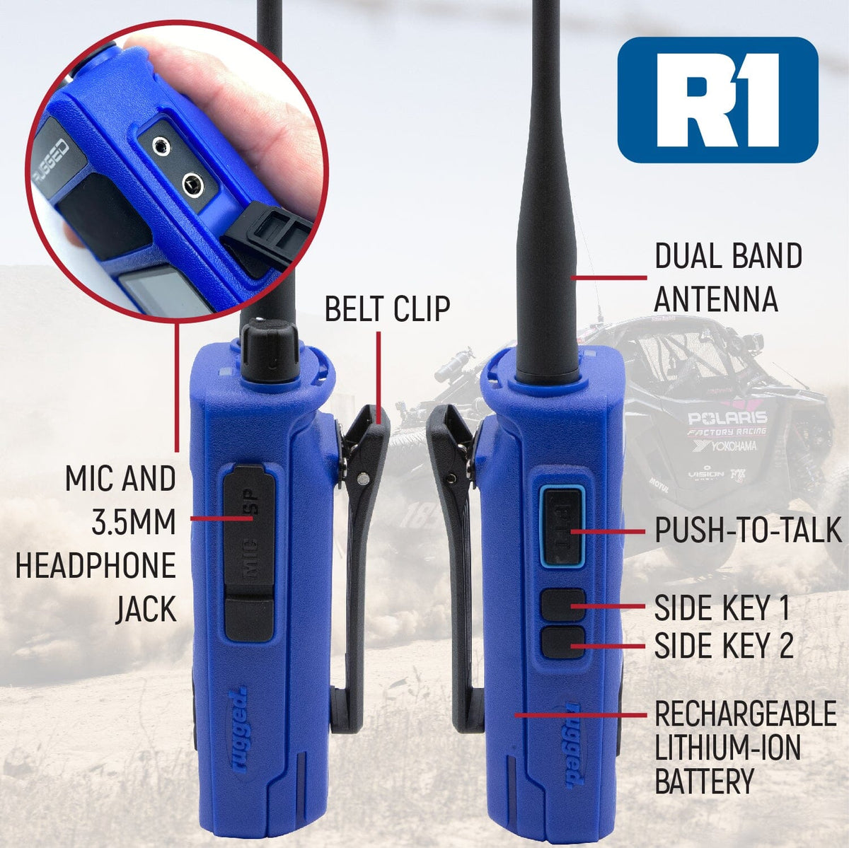 Rugged Radios BUNDLE - R1 Handheld Radio with Long Range Antenna and High Capacity Battery