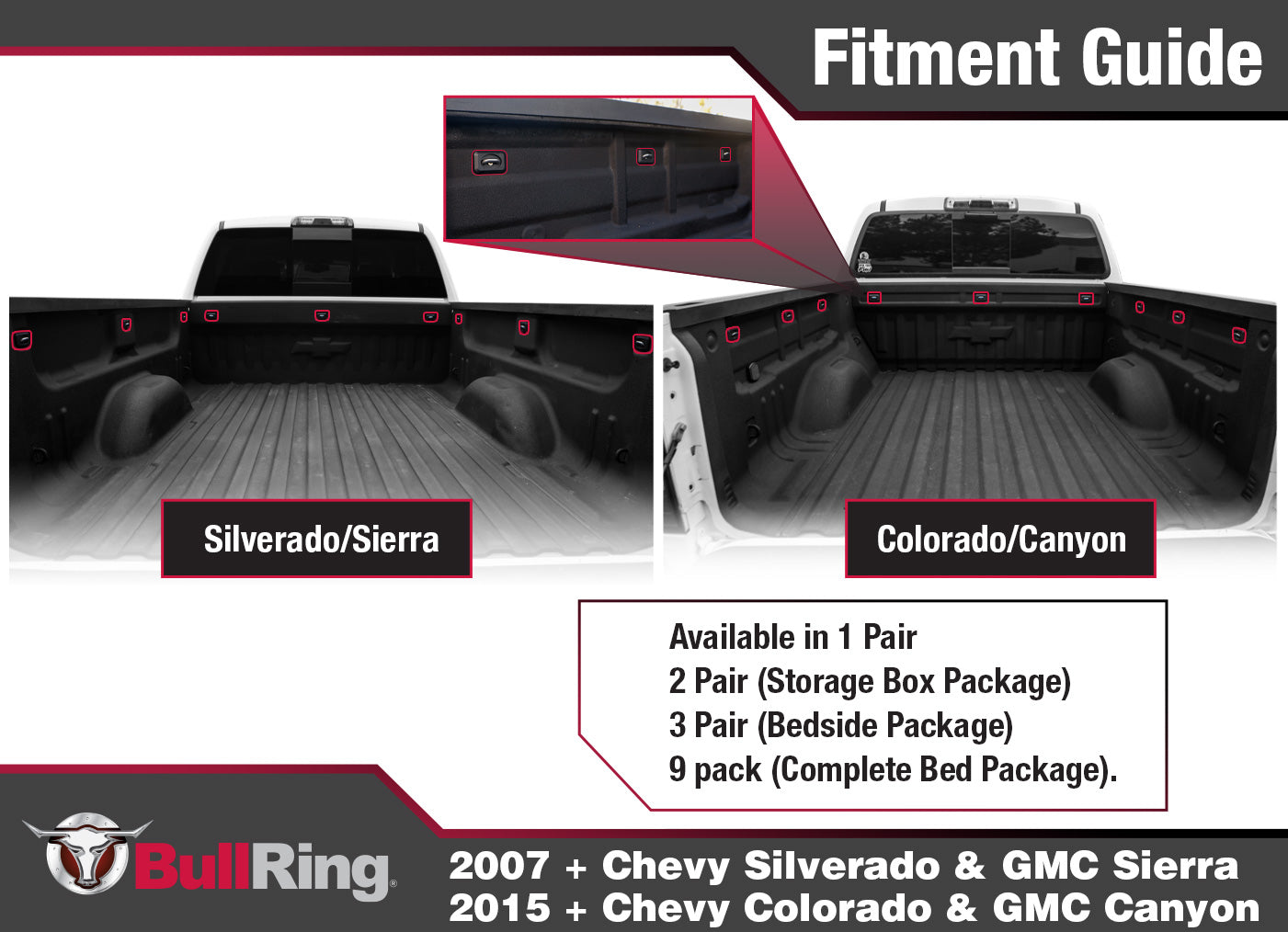 Bullet Inner Bed Retractable Tie-Down Anchors 9 Pack Complete Bed Package 07-Up Silverado/Sierra 1500/2500/3500 15 -Up Colorado/Canyon Bullring
