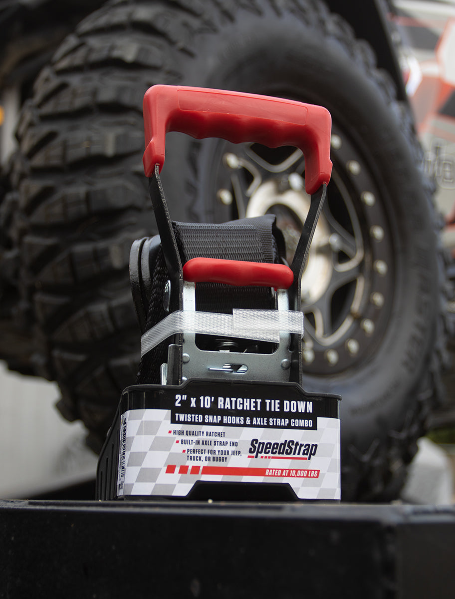 2 Inch x 10' Ratchet Tie Down w/ Twisted Snap Hooks and Axle Strap Combo SpeedStrap