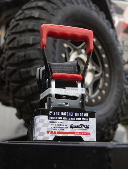 2 Inch x 10' Ratchet Tie Down w/ Twisted Snap Hooks and Axle Strap Combo SpeedStrap