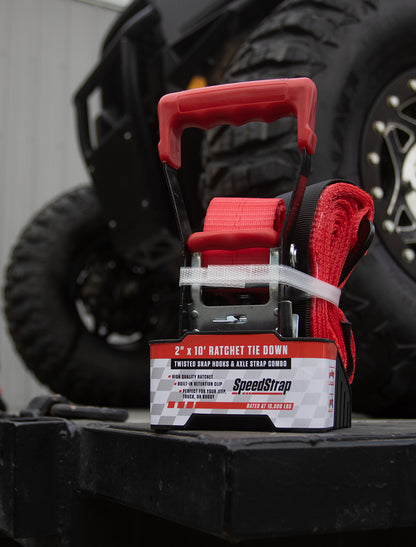 2 Inch x 10' Ratchet Tie Down w/ Twisted Snap Hooks and Axle Strap Combo Red SpeedStrap