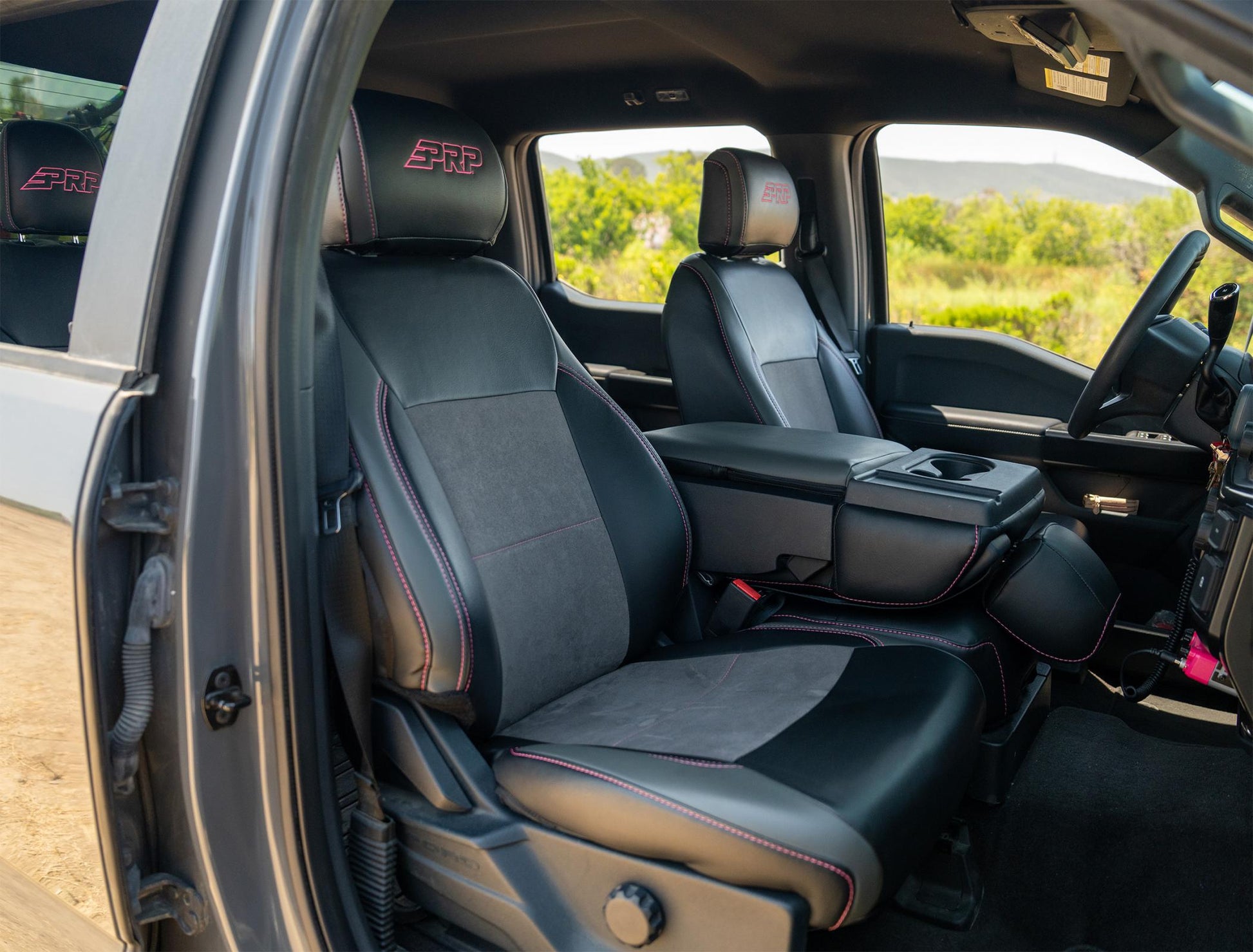 Front Seat Covers for 2021-Present Ford F150, 2023-Present Super Duty with Standard Seats, Black with Red Stitch PRP Seats