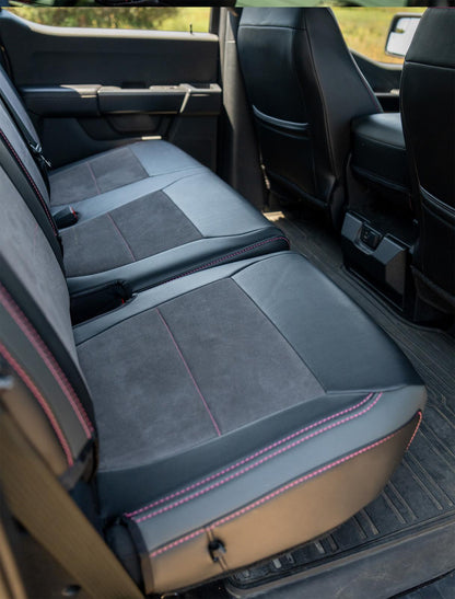 Rear Bench Seat Covers for 2021-Present Ford F150, 2023-Present Super Duty, Black with Red Stitch PRP Seats