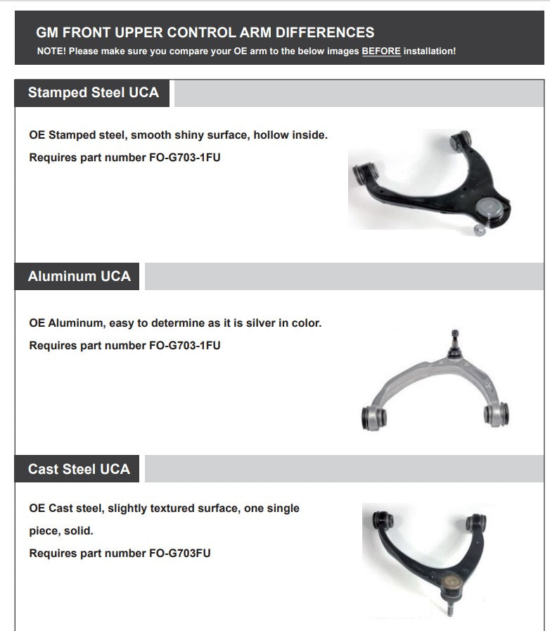 Front Upper Control Arms for 2-4 Inch Lift 07-16 Escalade 07-16 Escalade ESV/07-13 Escalade EXT/07-13 Avalanche/07-18 Sivlerado/Sierra 1500/14-20 Suburban 1500/07-20 Tahoe/07-20 Yukon/15-20 Yukon XL 07-14 Yukon XL 1500 Freedom Off-Road