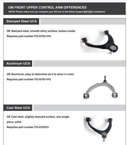 Front Upper Control Arms for 2-4 Inch Lift 07-16 Escalade 07-16 Escalade ESV/07-13 Escalade EXT/07-13 Avalanche/07-18 Sivlerado/Sierra 1500/14-20 Suburban 1500/07-20 Tahoe/07-20 Yukon/15-20 Yukon XL 07-14 Yukon XL 1500 Freedom Off-Road