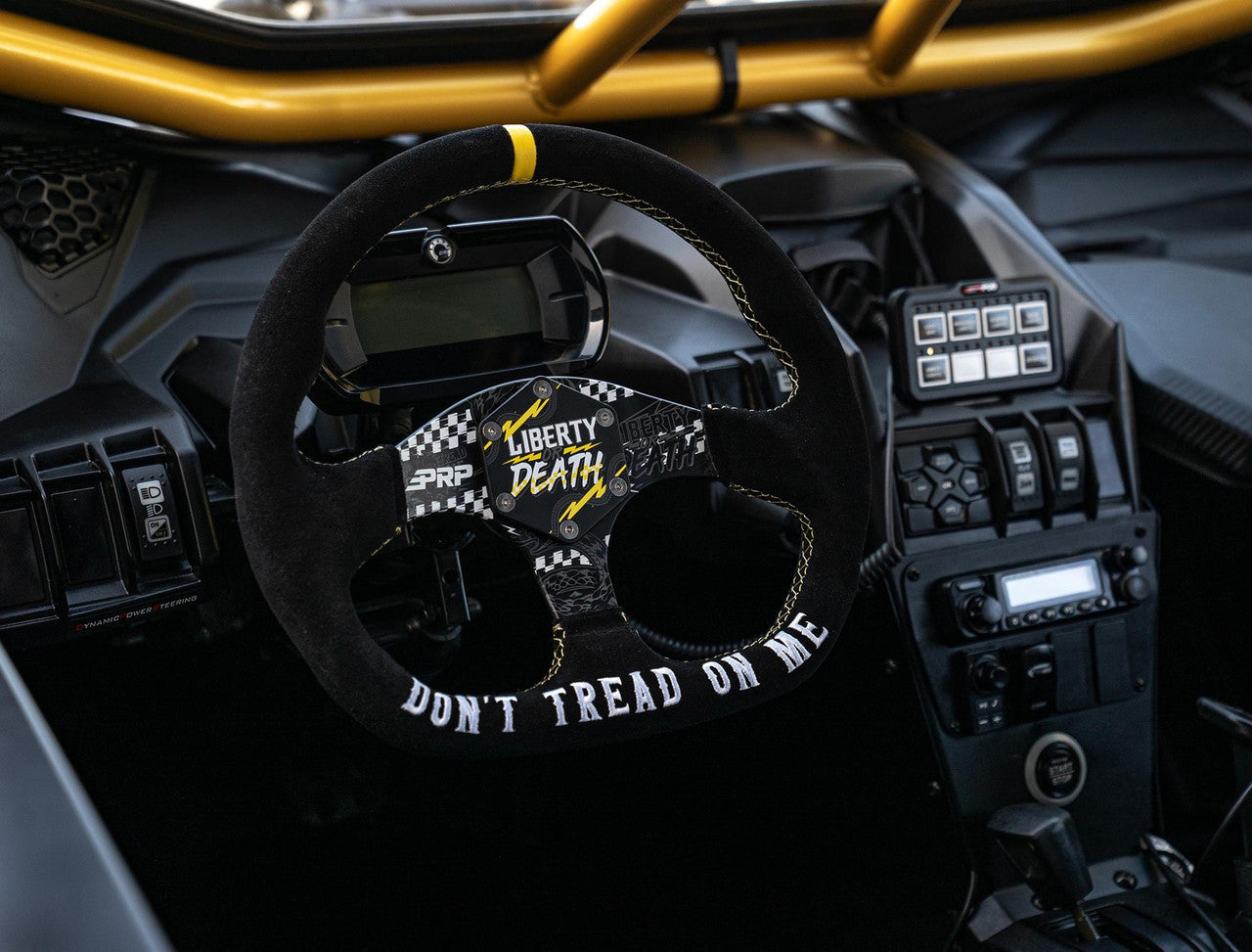 Don't Tread on Me Comp-R Suede Steering Wheel 13 Inch Diameter D-Shaped PRP Seats