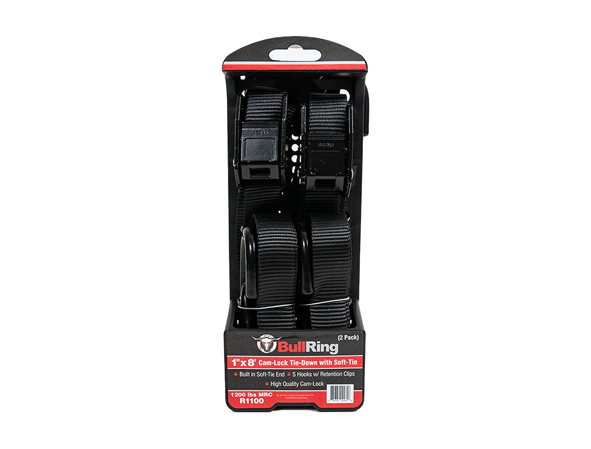 1 Inch x 8' Cam-Lock Tie Down with Soft-Tie 2 Pack Bullring