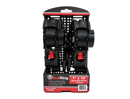 1 Inch x 10' Retractable Ratchet Tie Down 2 Pack Bullring