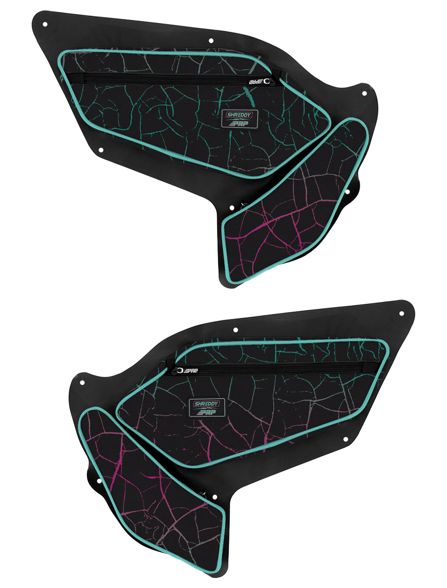 PRP Shreddy Front Door Bags with Knee Pad for Polaris RZR PRO XP PRO R Turbo R Pair Cracked and Teal PRP Seats