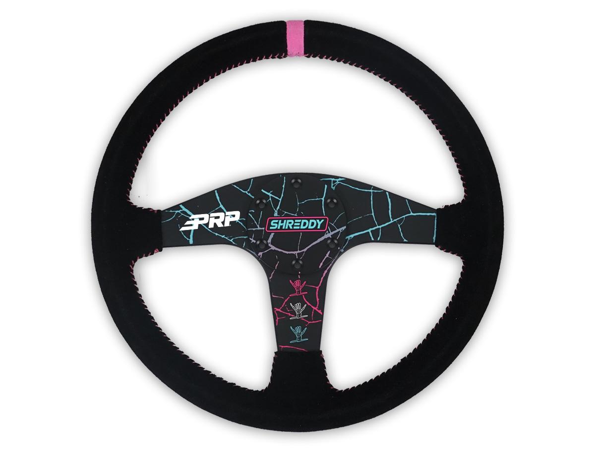 PRP X Shreddy Cracked Steering Wheel 13 Inch Diameter Cracked and Pink Flat PRP Seats