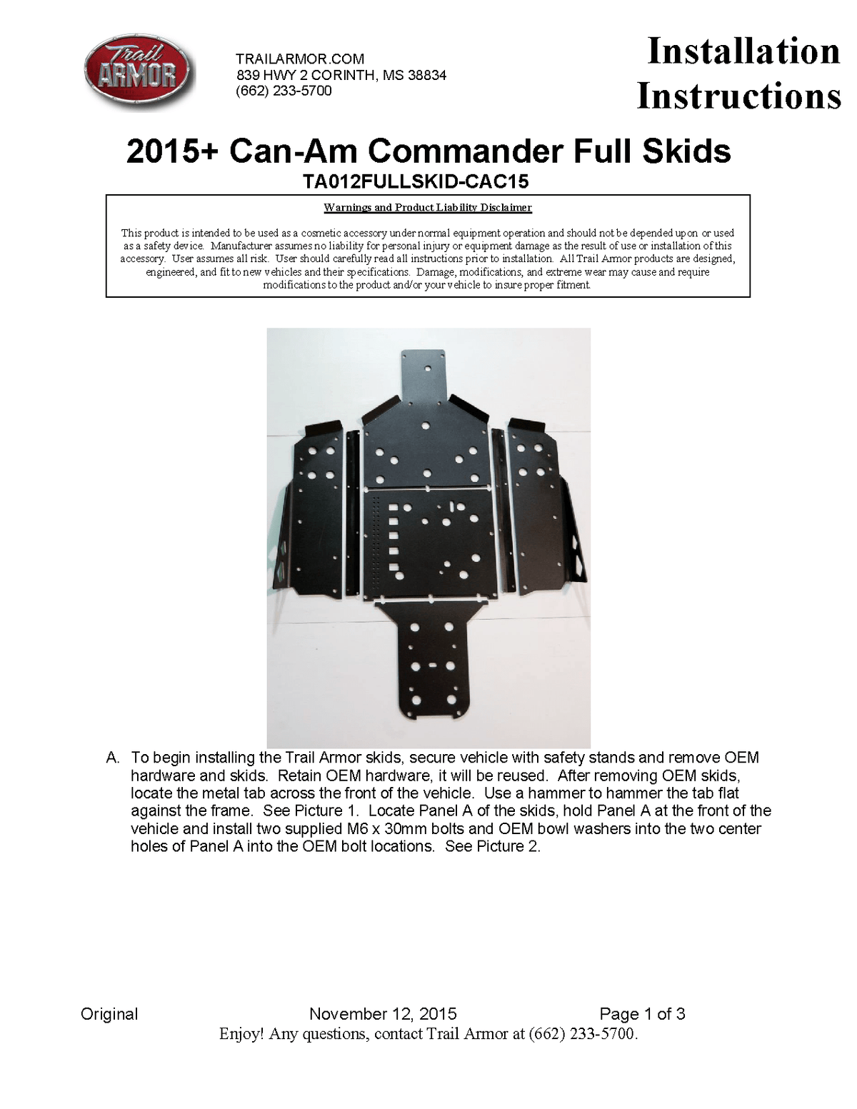 Trail Armor Skid Plates for 2015-20 Can-Am Commander 800/ DPS/ XT /1000