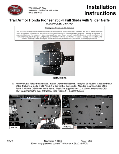 Trail Armor Full Skids Honda for 2014- 21 Pioneer 700