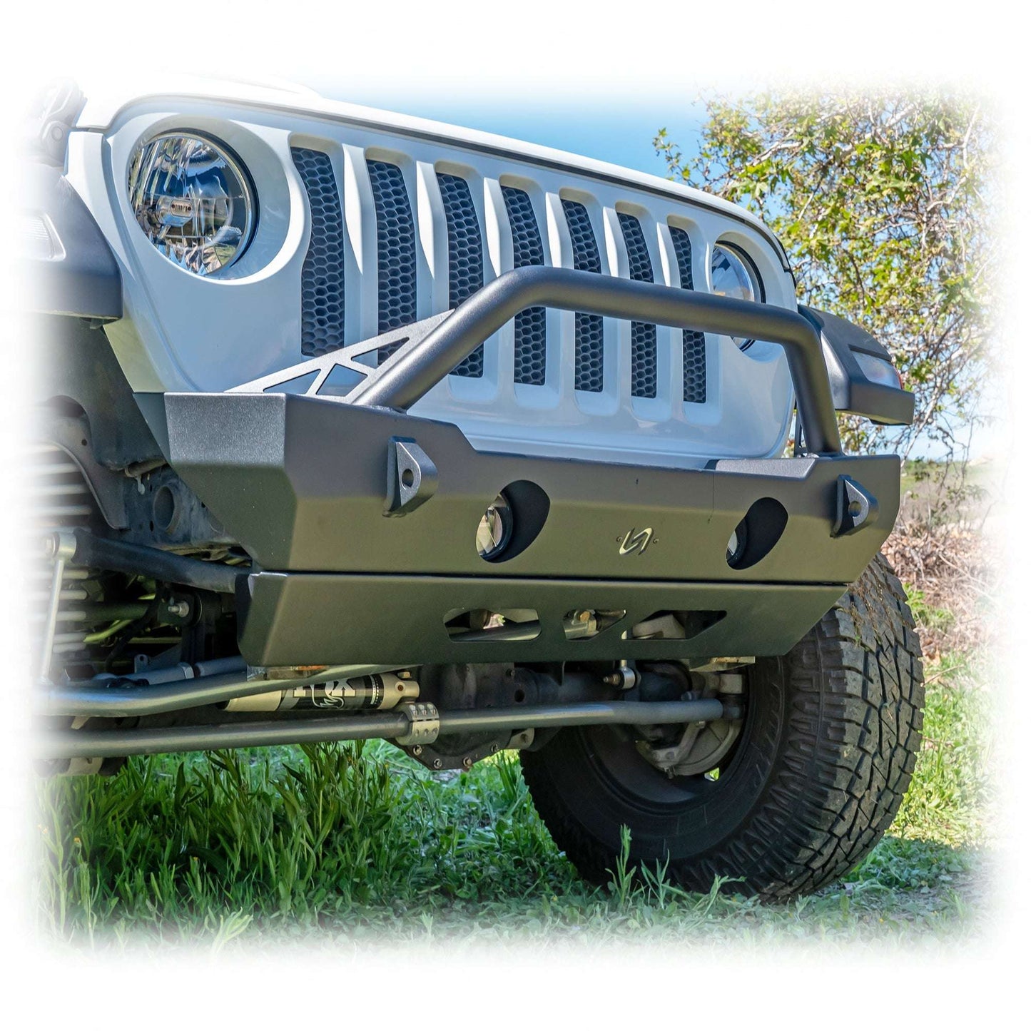 Front Bumper with Bolt-On Bull Bar and Skid Plate for Jeep Wrangler JK, JL, and Gladiator JT