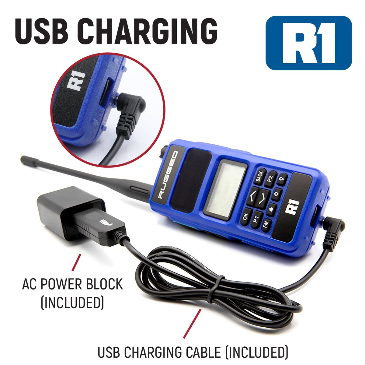 Rugged Radios BUNDLE - R1 Handheld Radio with Long Range Antenna and High Capacity Battery