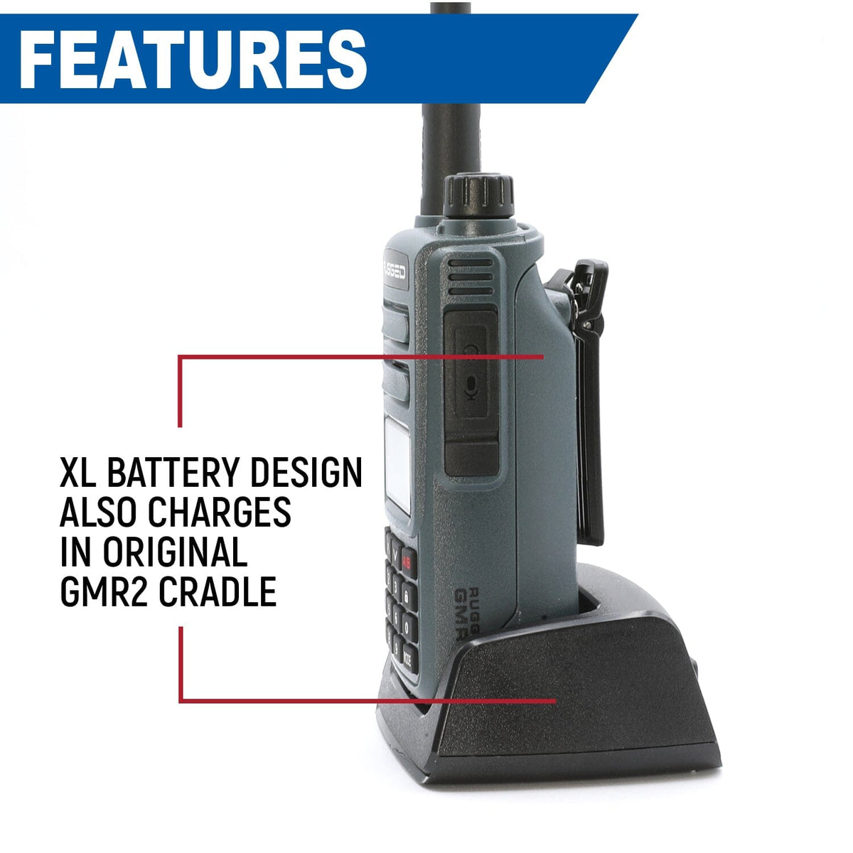 Rugged Radios GMR2 and GMR2 PLUS Handheld Long-Lasting XL Battery with USB Charging Port