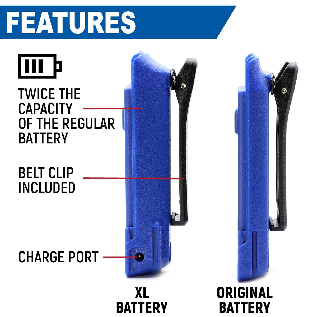 Rugged Radios R1 Handheld Radio High Capacity Battery and Belt Clip