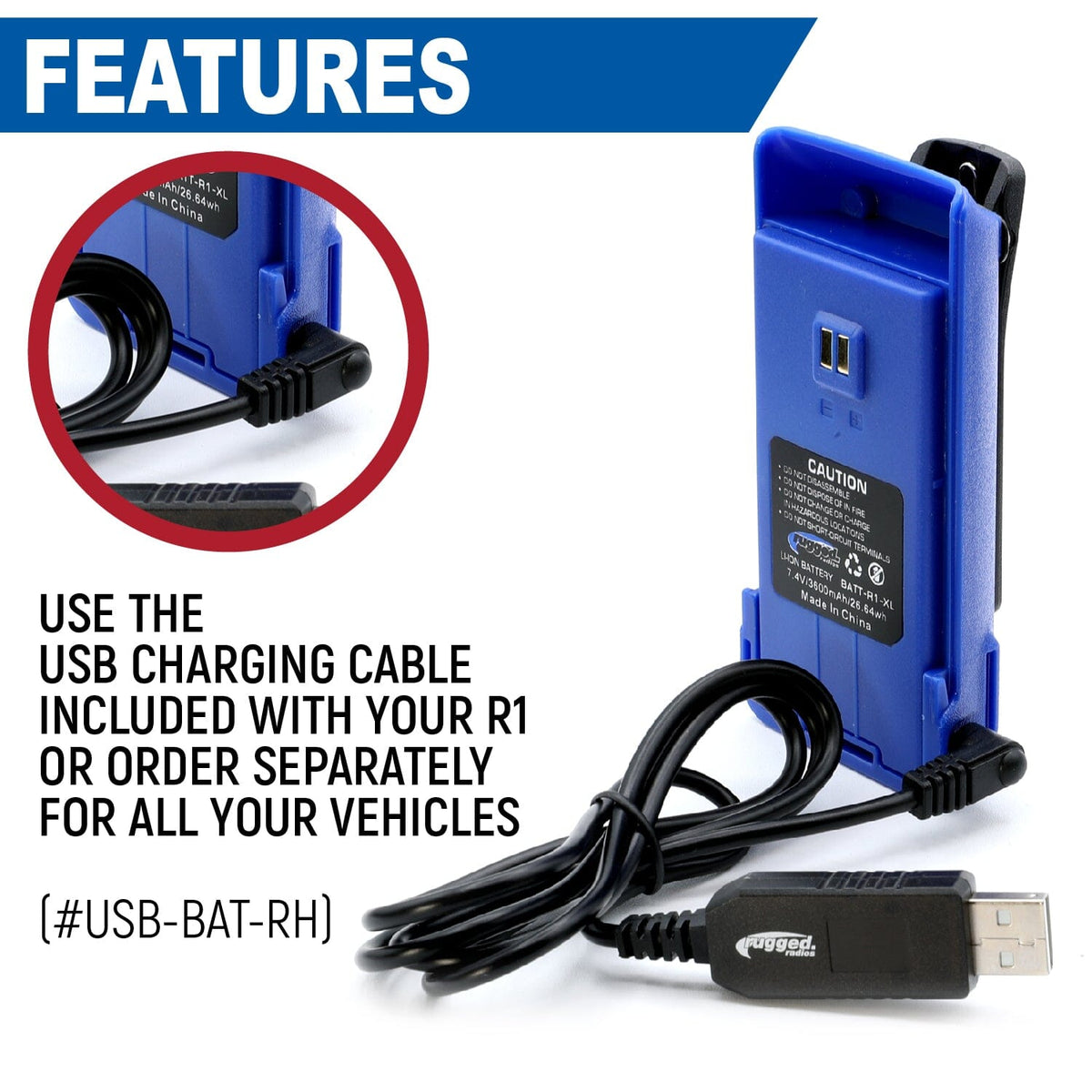 Rugged Radios R1 Handheld Radio High Capacity Battery and Belt Clip